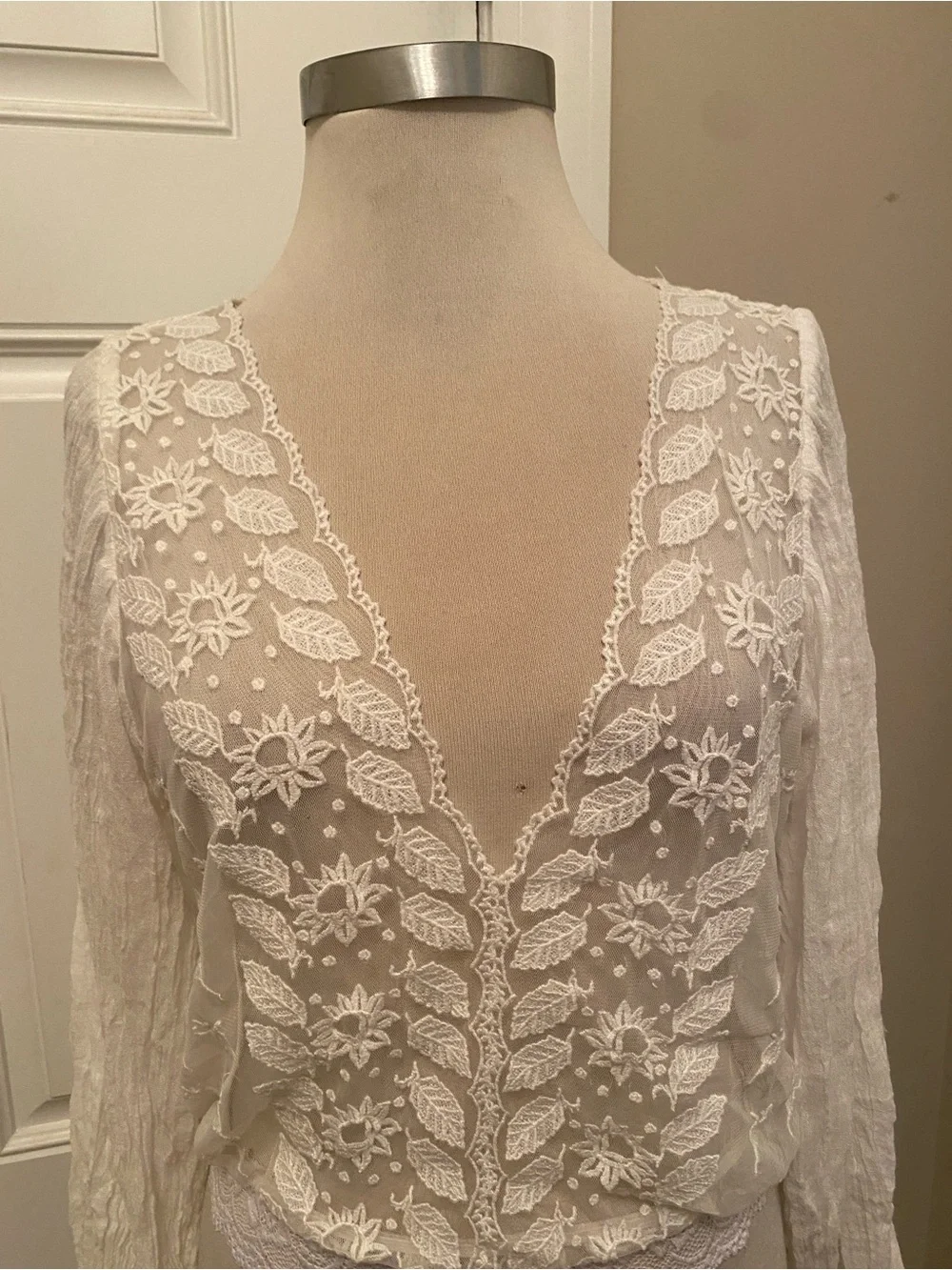 Free People White Floral Lace Top with Sheer Detail